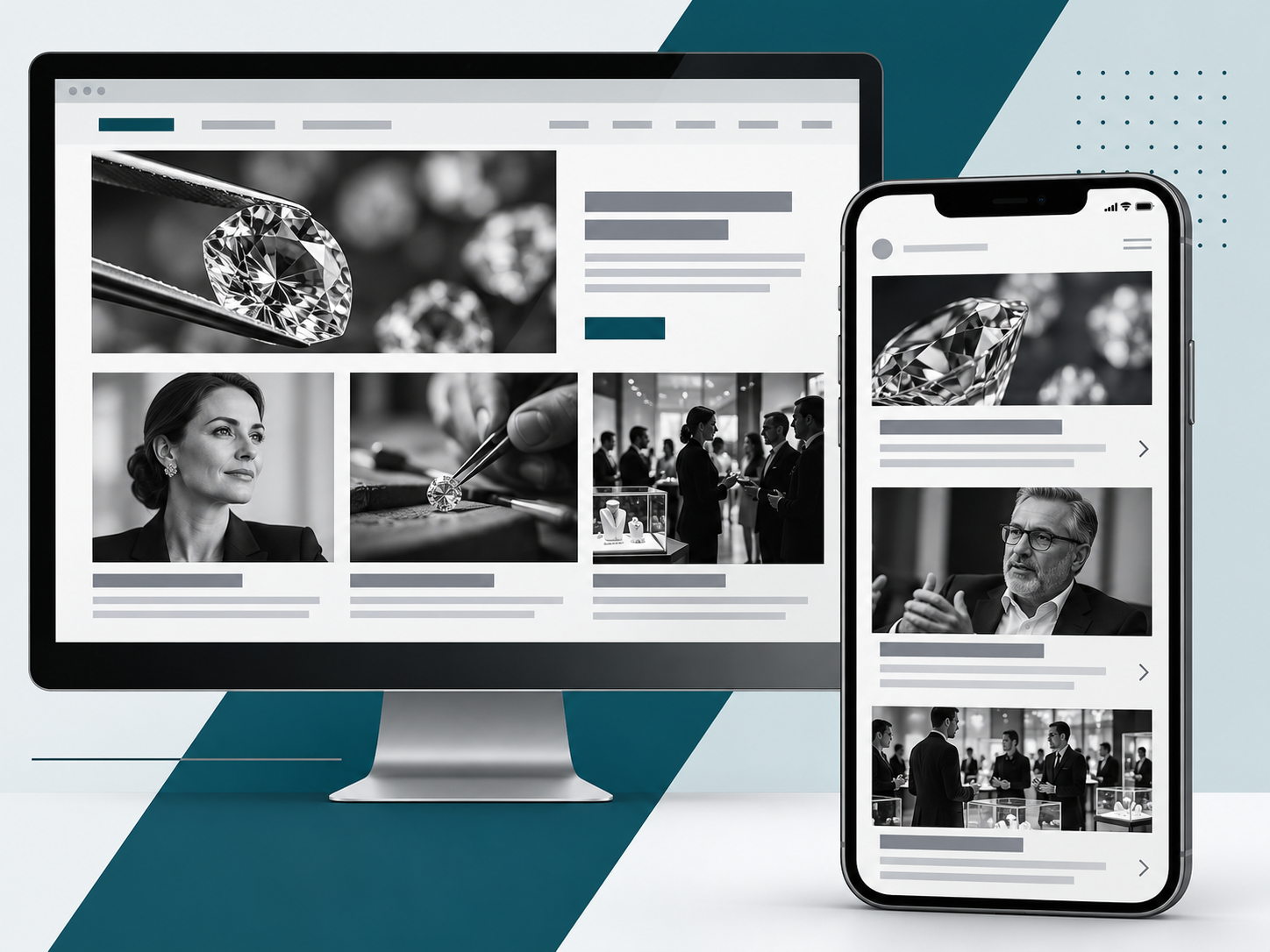 Desktop monitor and smartphone displaying jewellery industry articles and photographs.