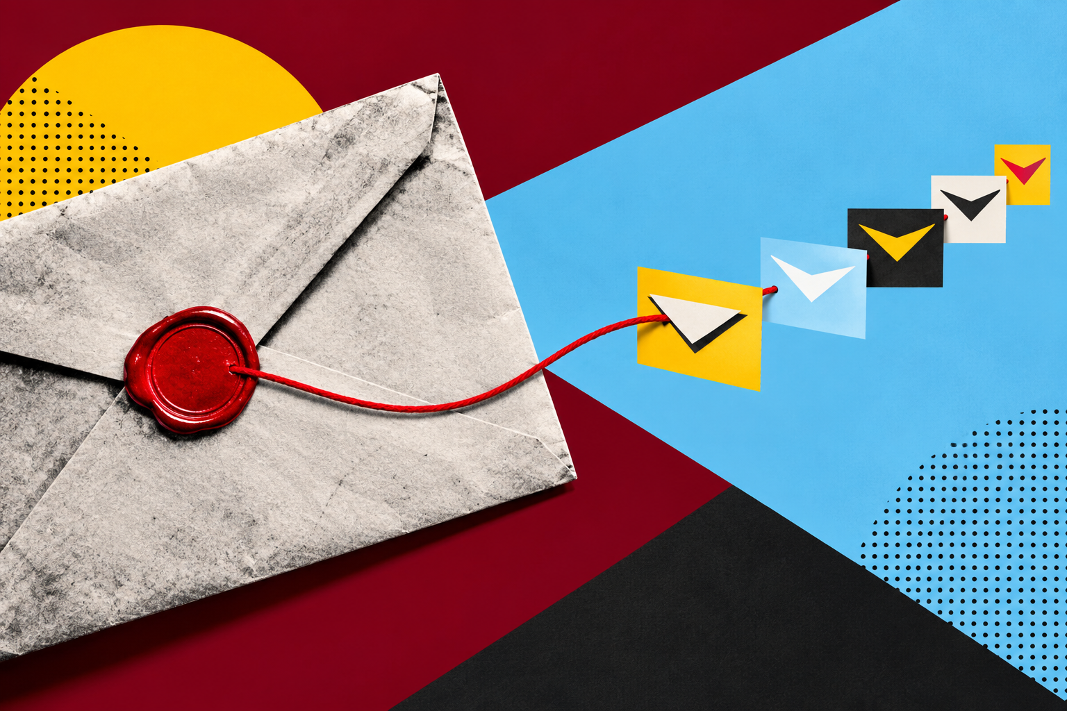 uilding business relationships through personal communication, shown as a red thread linking a sealed letter with colorful message icons.