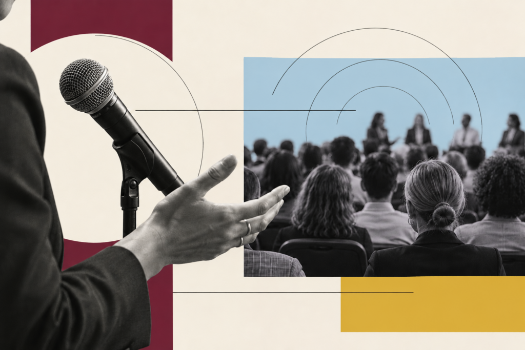 Editorial collage of a speaker gesturing beside a microphone and a conference audience, with burgundy, pale blue and mustard accents.
