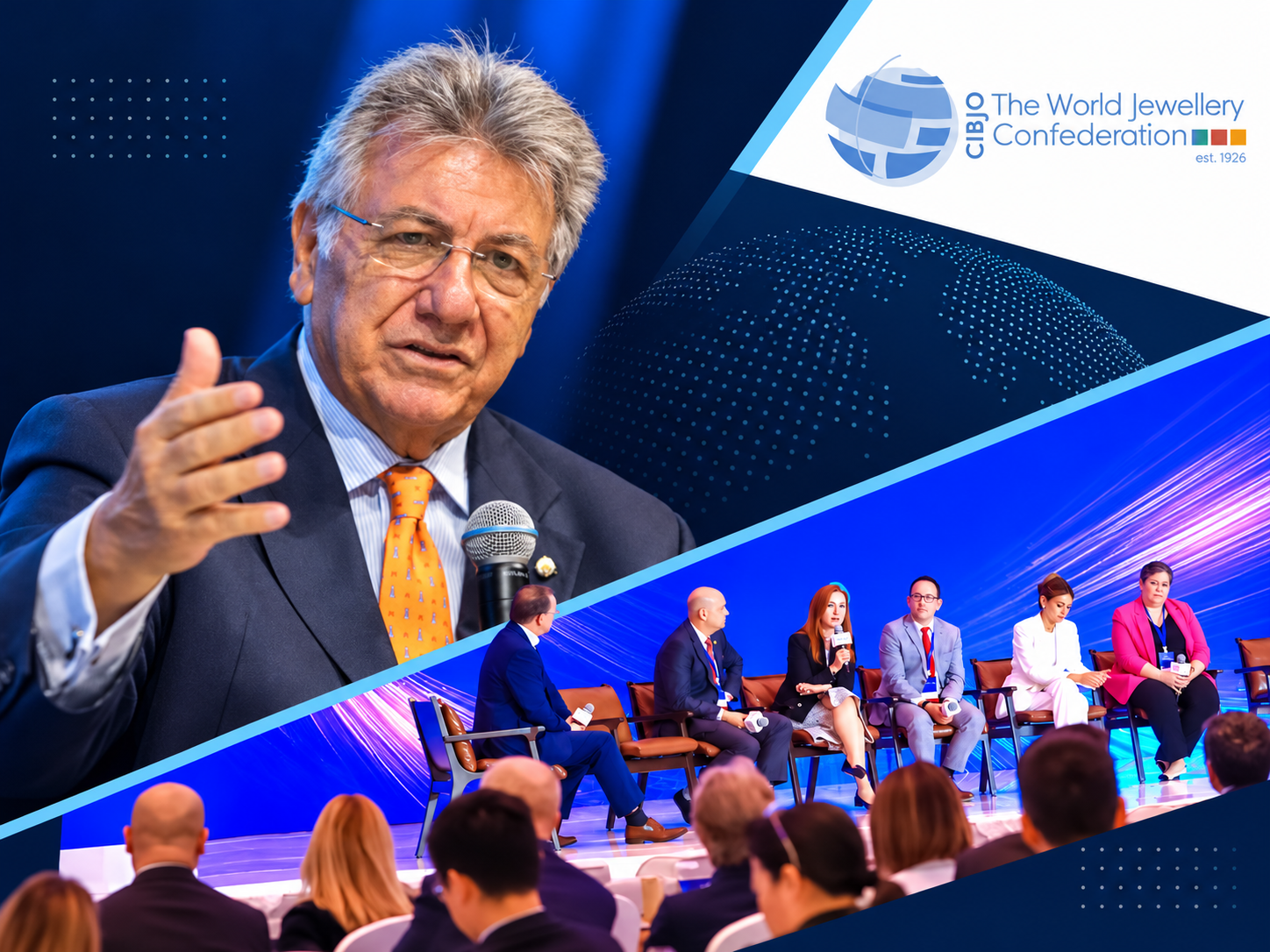 Collage of CIBJO President Gaetano Cavalieri speaking and delegates at a CIBJO conference panel.