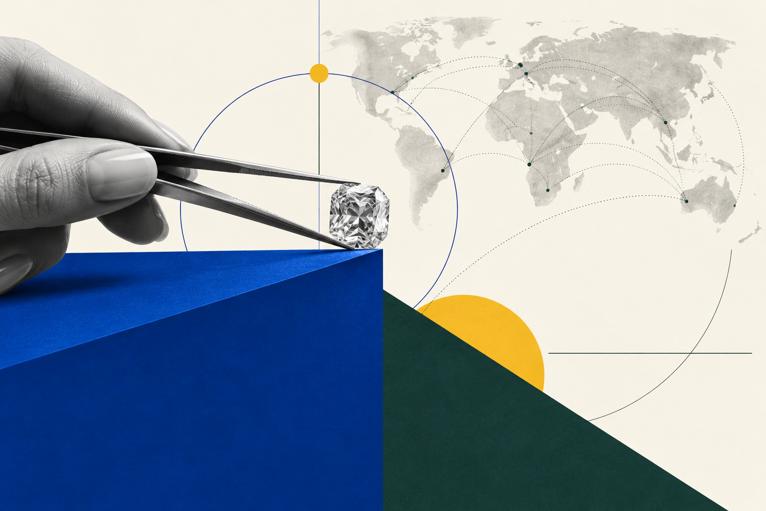Diamond industry tipping points illustrated by a jeweler’s tweezers holding a faceted diamond above blue and teal planes, with a faint world map and trade routes behind it.