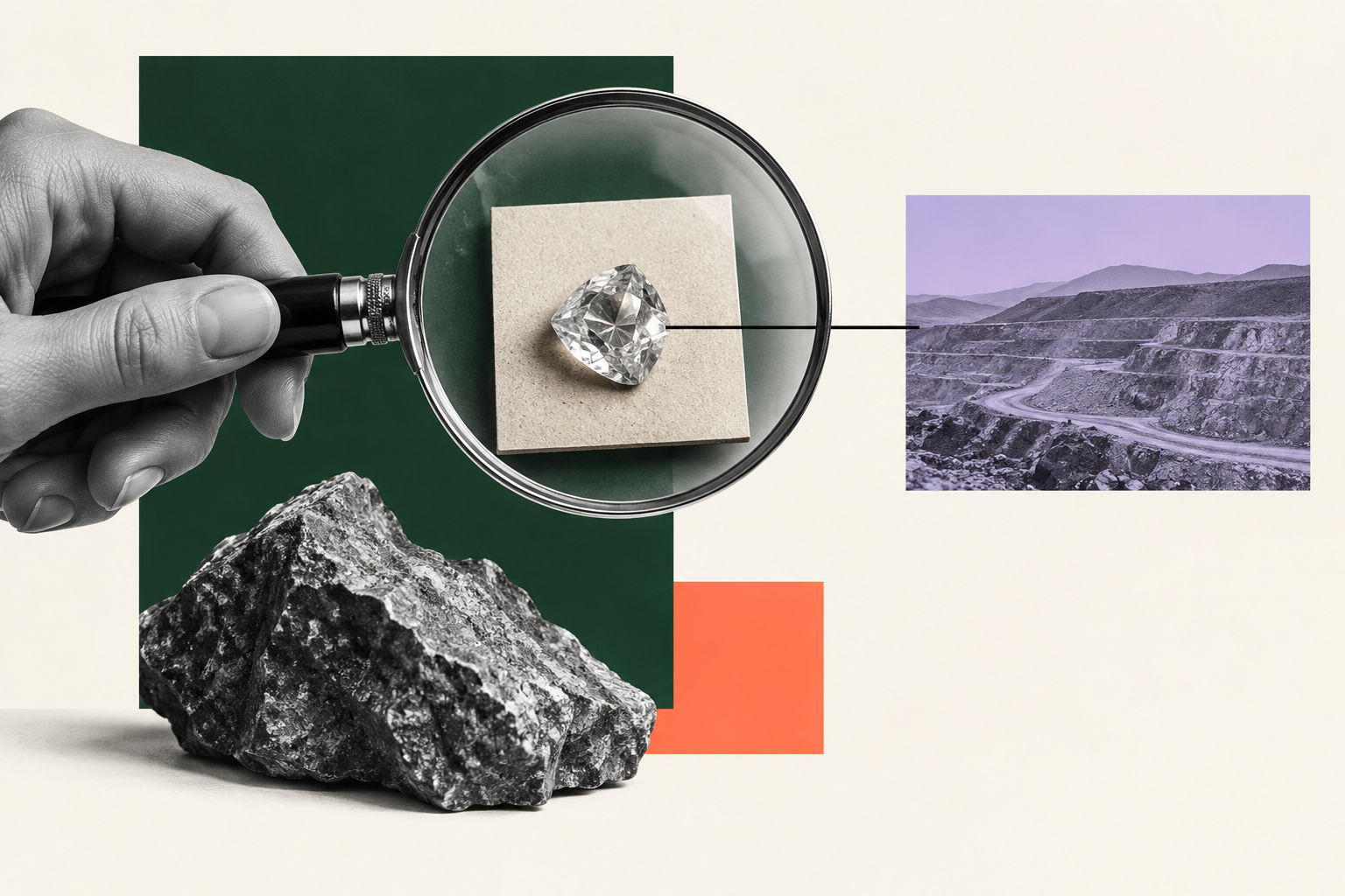 Gemstone under a magnifying glass alongside a mineral and mine, illustrating evidence in communicating sustainability.