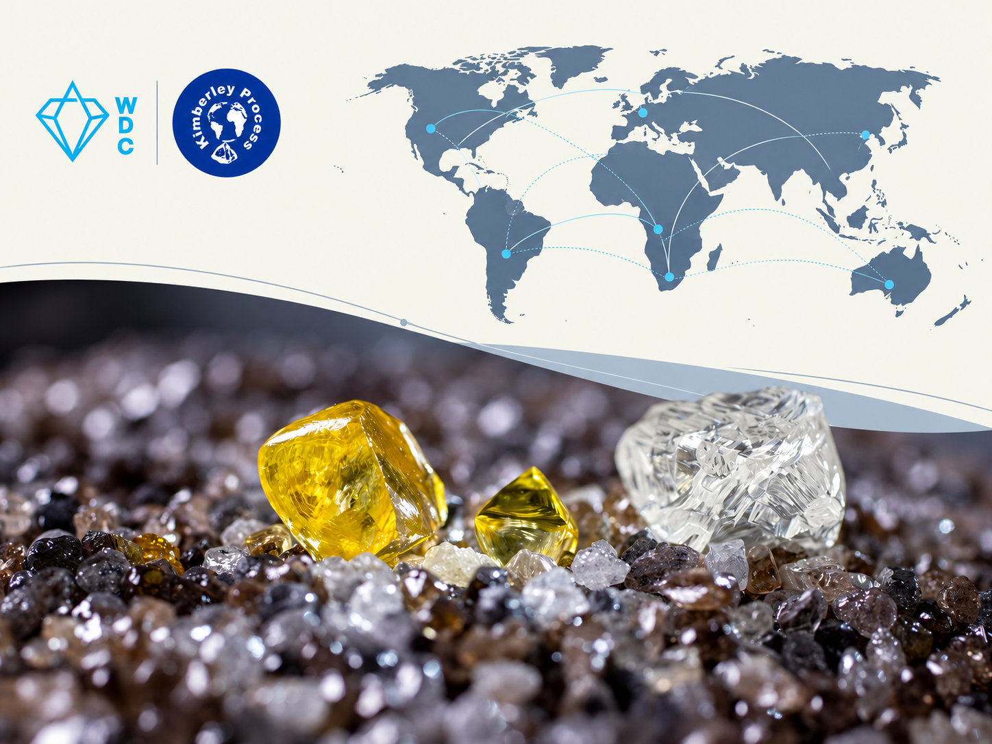Rough diamonds beneath a world map with connecting lines, alongside the World Diamond Council and Kimberley Process logos.