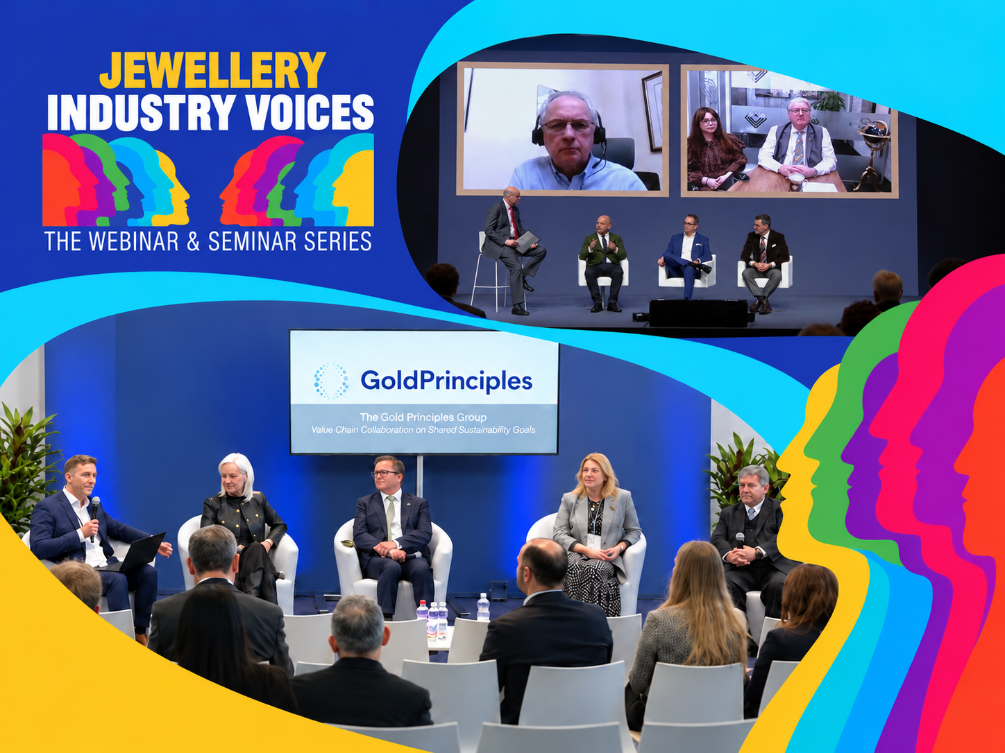 jewelry Industry Voices collage featuring a hybrid webinar with remote speakers and a Gold Principles panel discussion, framed by colourful profile silhouettes.