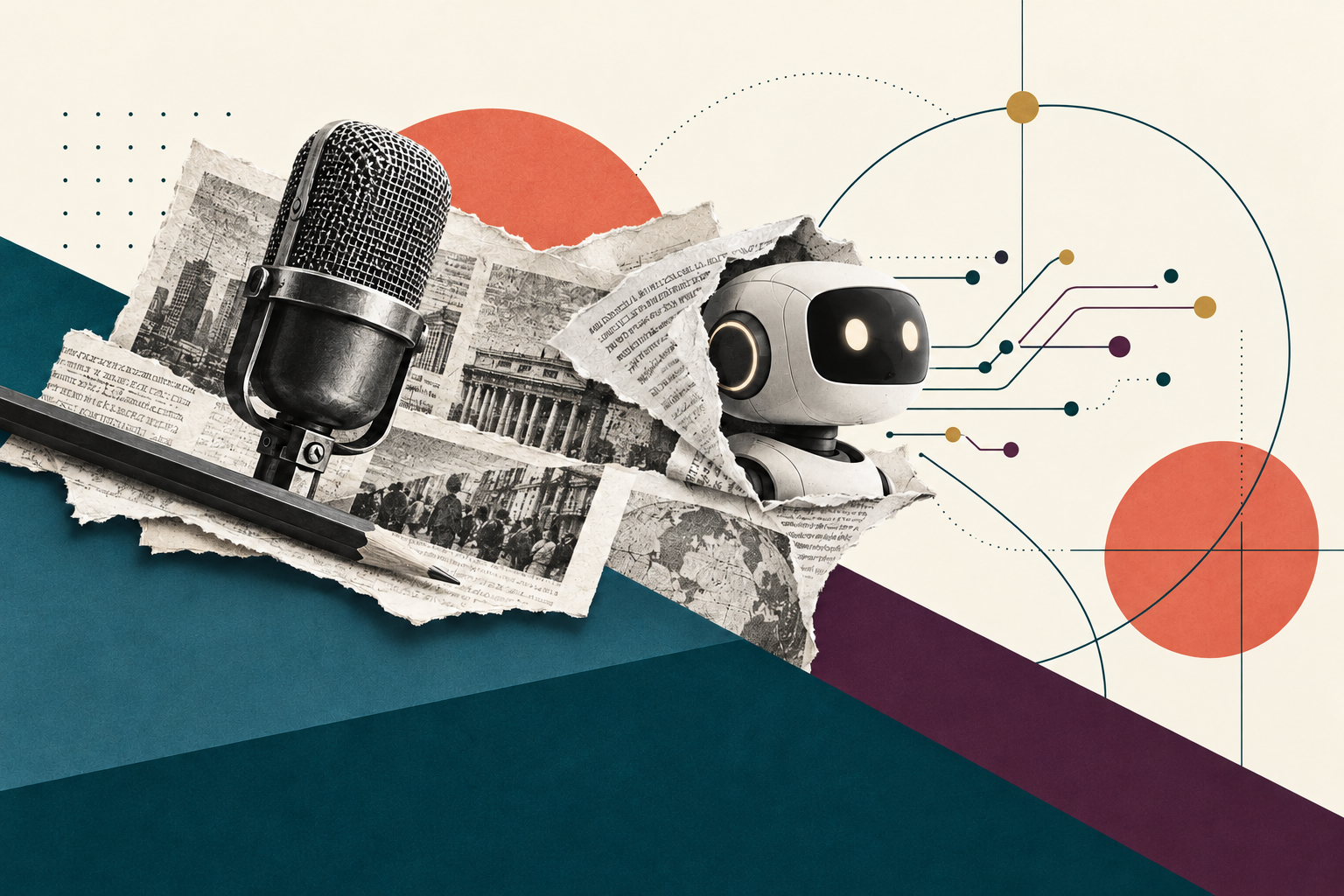 AI in journalism collage combining a vintage press microphone, layered newspaper pages, and a robot emerging from the newsprint.