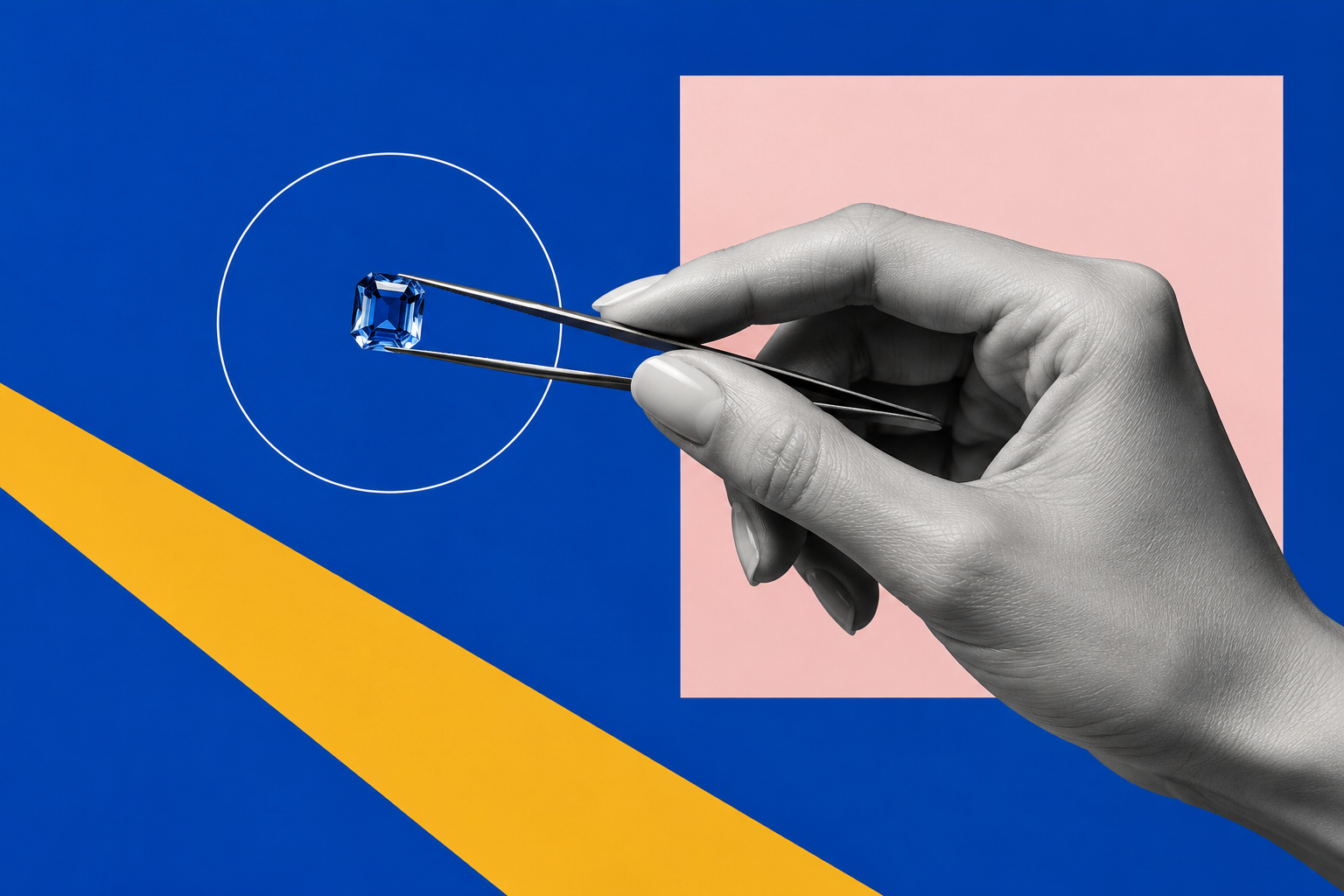 Hand holding a blue gemstone with tweezers against a cobalt blue background with pink and yellow geometric shapes.